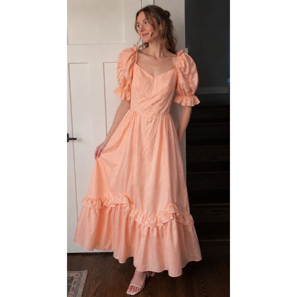 Vintage Alicia Peach Puff Sleeve Ruffle Tiered Maxi Dress Cottagecore Prom Gown